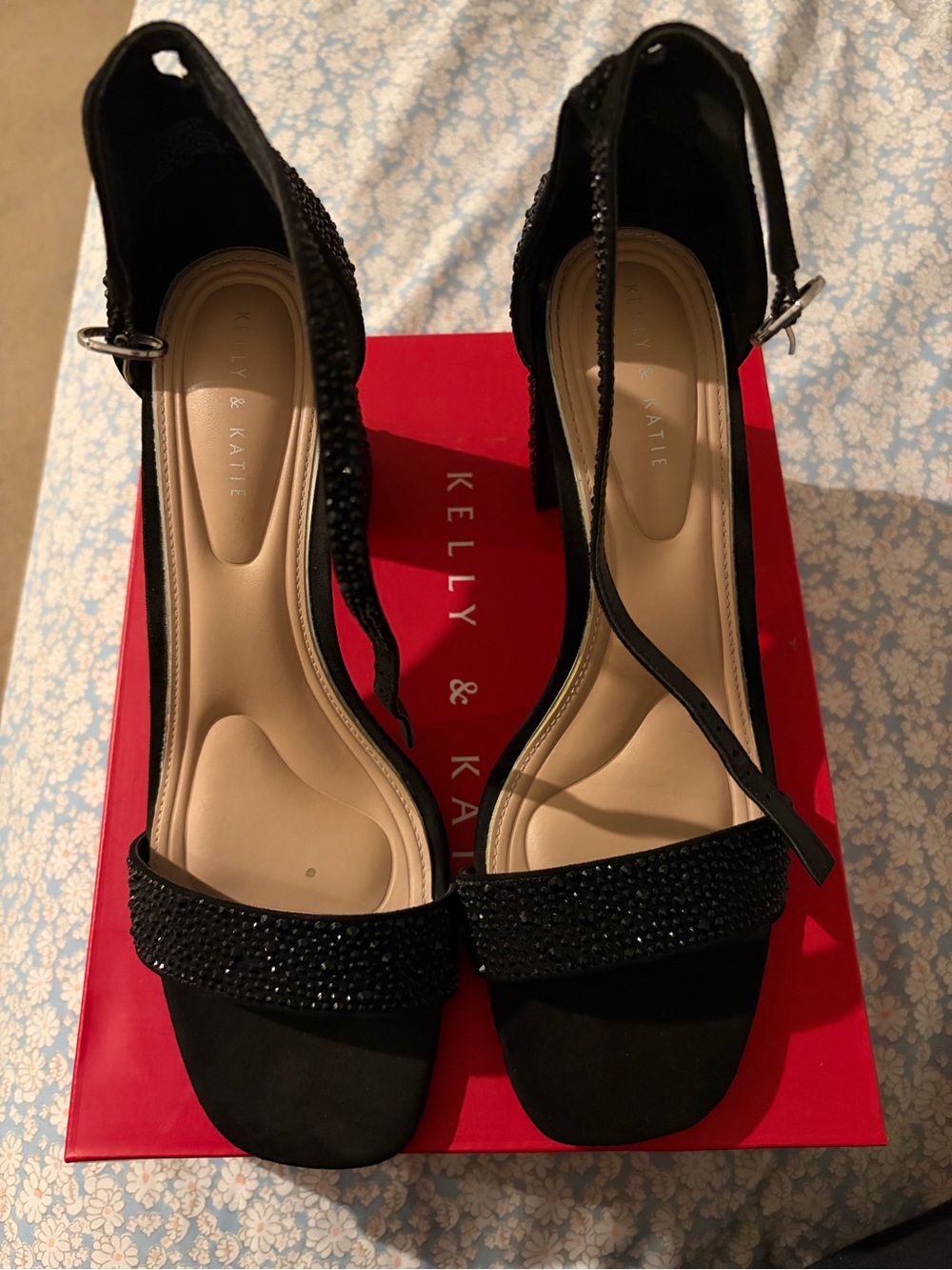 Kelly & Katie Black Crystal Strap Ankle-Heel heels